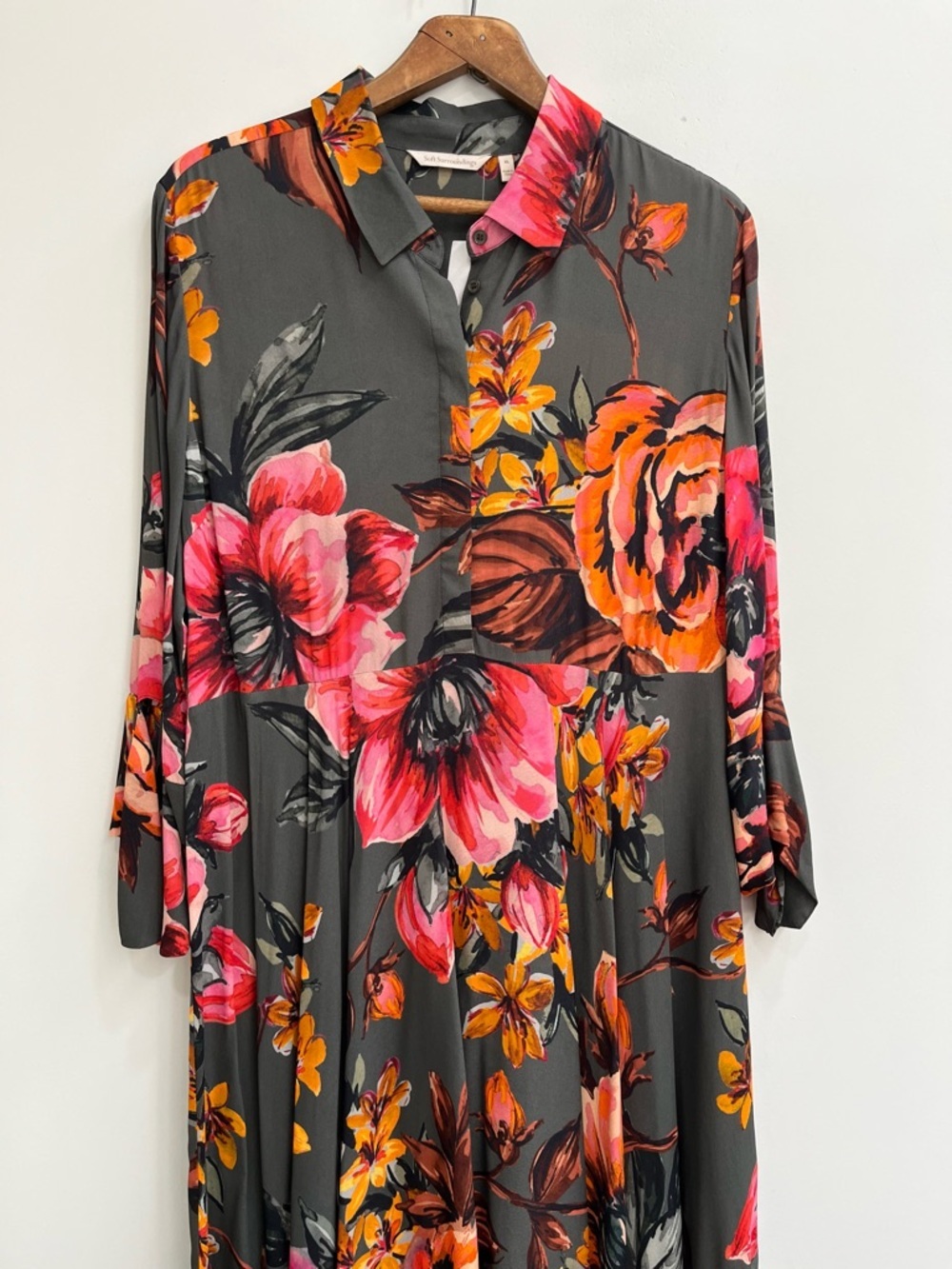 Soft Surroundings Provencia Olive Green Floral Midi Dress Handkerchief Hemline - Picture 4 of 12